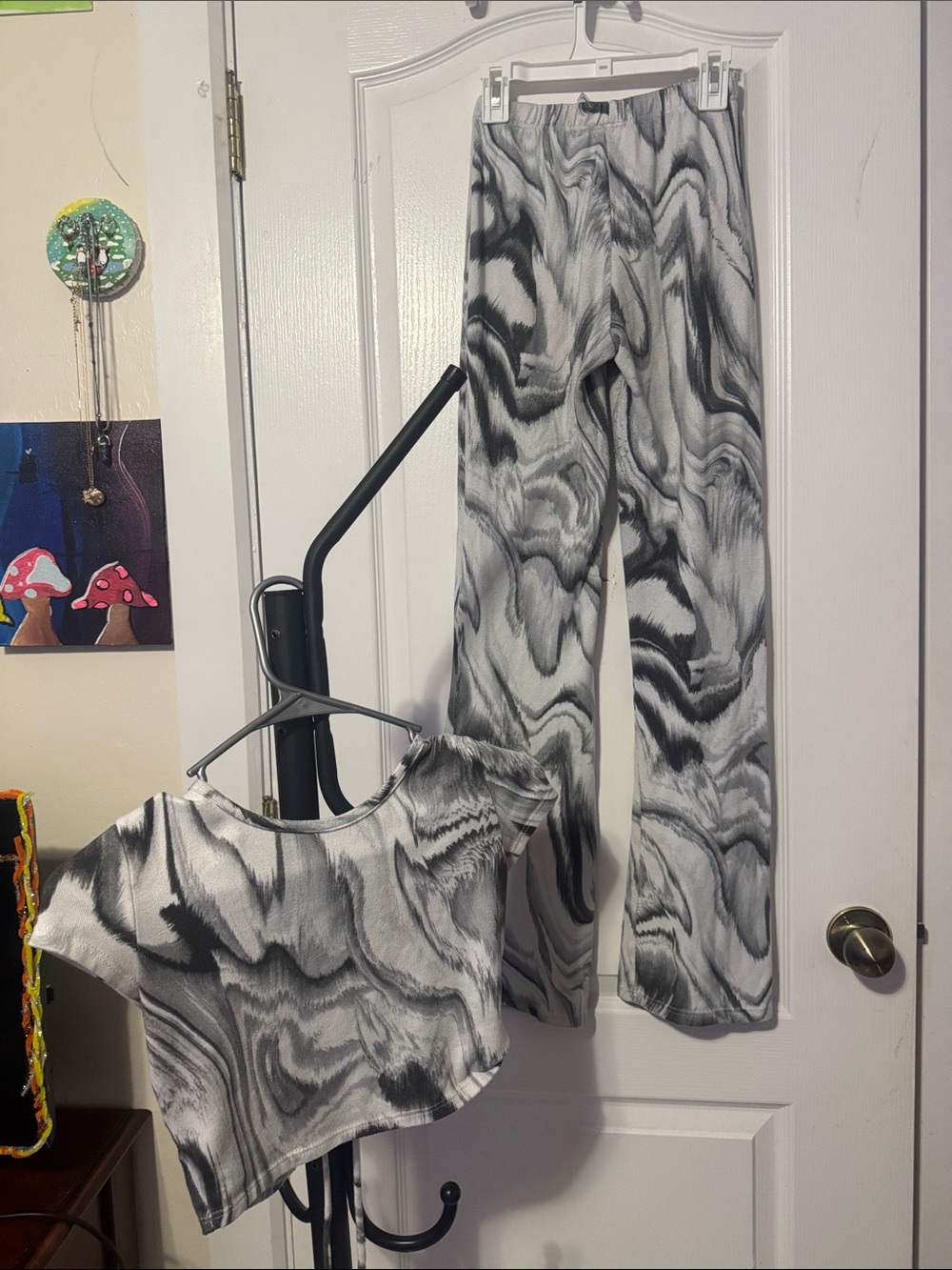 Black & White Marble Print Two-Piece Set - Crop Top & Flared Pants